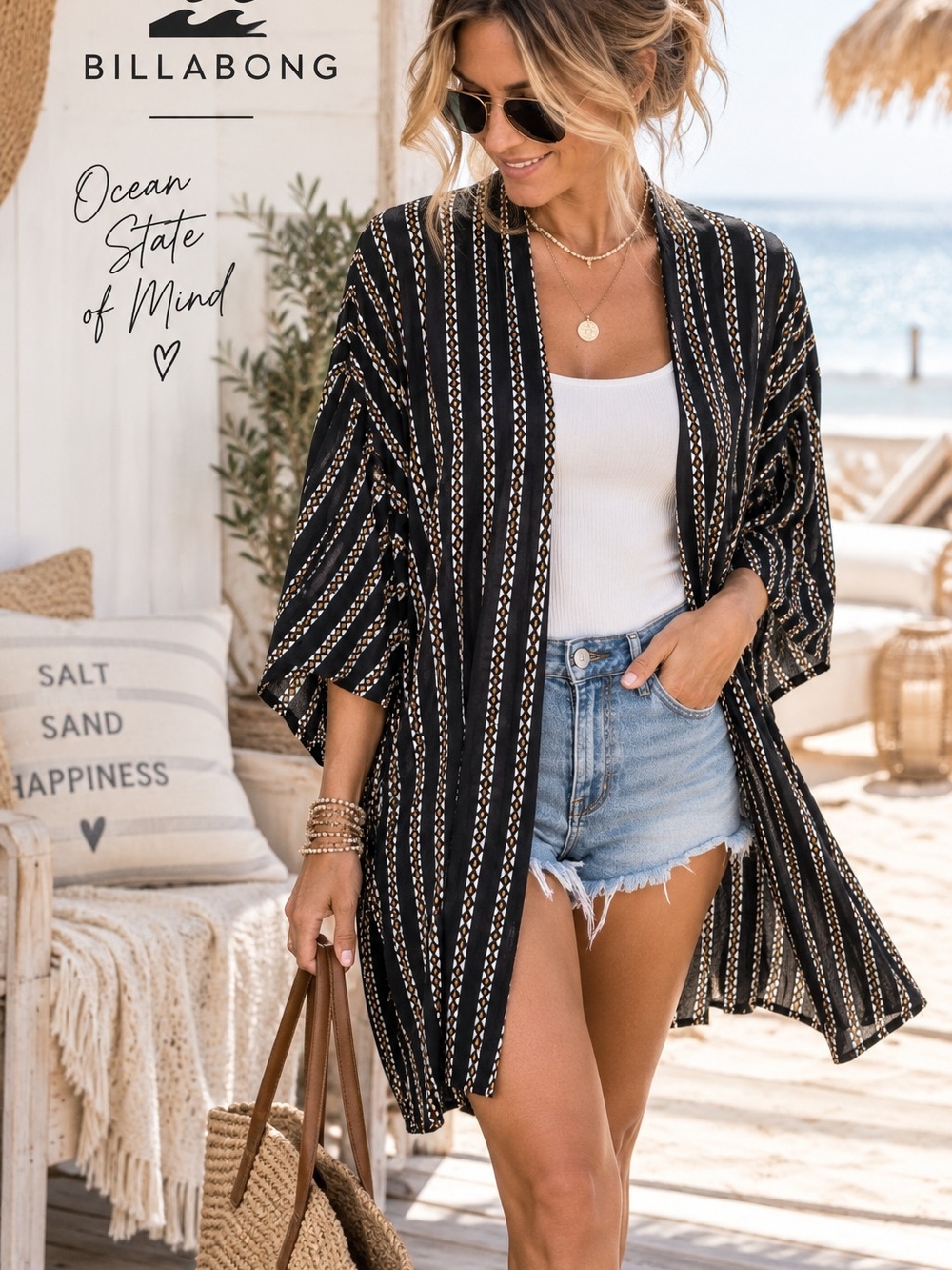 Billabong Women's Black Striped Kimono Cover-Up